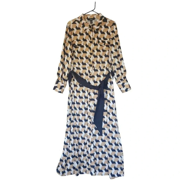 New Badoo Maxi Long Dress Multicolor Long Sleeve Collared Belt Button - Picture 3 of 13